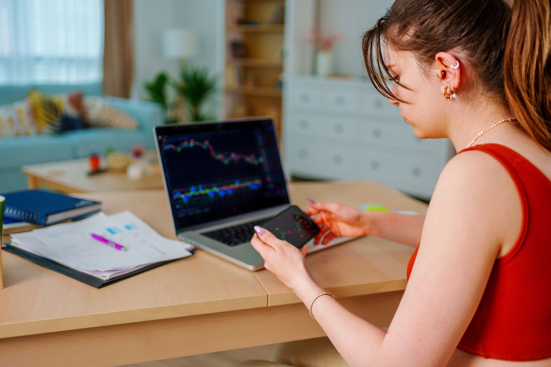 Consultant analyzing business data and execution plans on a laptop